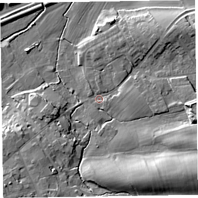 Shaded relief map of the ground around CA79HT, computed from Environment Agency LiDAR. The ground here sits at about 21 m above sea level and falls 22 m across the surrounding 800 m. Surface water reaching this point runs off ground lying to the north-east, 9.3 m higher.