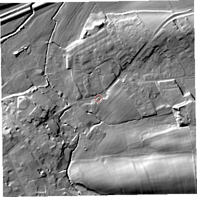 Shaded relief map of the ground around CA79HU, computed from Environment Agency LiDAR. The ground here sits at about 21 m above sea level and falls 23 m across the surrounding 800 m. Surface water reaching this point runs off ground lying to the east, 11.3 m higher.