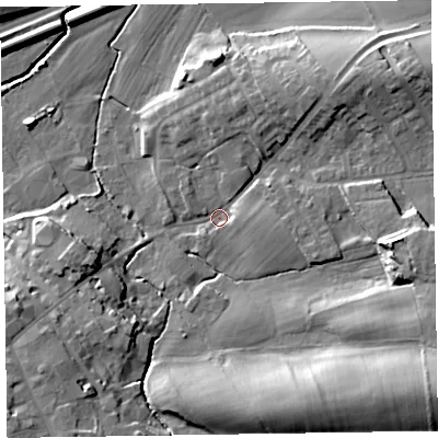 Shaded relief map of the ground around CA79HX, computed from Environment Agency LiDAR. The ground here sits at about 21 m above sea level and falls 23 m across the surrounding 800 m. Surface water reaching this point runs off ground lying to the east, 11.3 m higher.