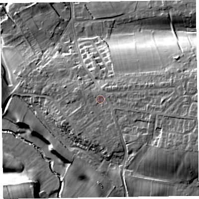 Shaded relief map of the ground around CA79LA, computed from Environment Agency LiDAR. The ground here sits at about 46 m above sea level and falls 24 m across the surrounding 800 m. Surface water reaching this point runs off ground lying to the east, 8.6 m higher.