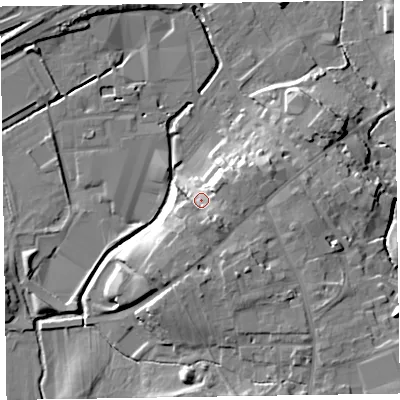 Shaded relief map of the ground around CA79NT, computed from Environment Agency LiDAR. The ground here sits at about 29 m above sea level and falls 17 m across the surrounding 800 m. Surface water reaching this point runs off ground lying to the south-south-east, 7.1 m higher.