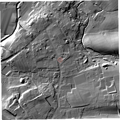 Shaded relief map of the ground around CA79PG, computed from Environment Agency LiDAR. The ground here sits at about 33 m above sea level and falls 21 m across the surrounding 800 m. Surface water reaching this point runs off ground lying to the east, 1.5 m higher.