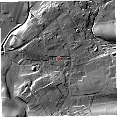 Shaded relief map of the ground around CA79PN, computed from Environment Agency LiDAR. The ground here sits at about 33 m above sea level and falls 26 m across the surrounding 800 m. Surface water reaching this point runs off ground lying to the east-north-east, 2.0 m higher.