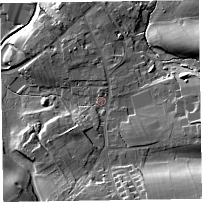 Shaded relief map of the ground around CA79PQ, computed from Environment Agency LiDAR. The ground here sits at about 32 m above sea level and falls 29 m across the surrounding 800 m. Surface water reaching this point runs off ground lying to the south-east, 18.5 m higher.