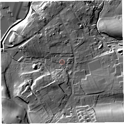 Shaded relief map of the ground around CA79PR, computed from Environment Agency LiDAR. The ground here sits at about 32 m above sea level and falls 27 m across the surrounding 800 m. Surface water reaching this point runs off ground lying to the south-east, 16.3 m higher.