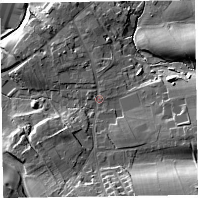 Shaded relief map of the ground around CA79PU, computed from Environment Agency LiDAR. The ground here sits at about 32 m above sea level and falls 29 m across the surrounding 800 m. Surface water reaching this point runs off ground lying to the south-east, 17.8 m higher.