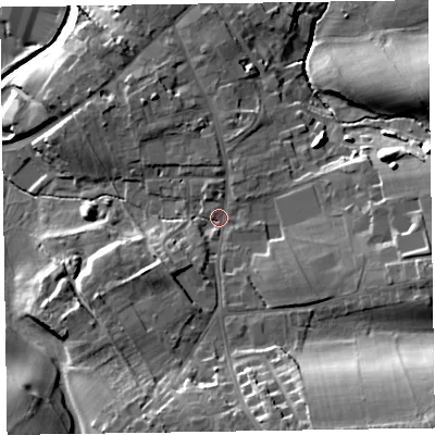 Shaded relief map of the ground around CA79PY, computed from Environment Agency LiDAR. The ground here sits at about 32 m above sea level and falls 30 m across the surrounding 800 m. Surface water reaching this point runs off ground lying to the south-east, 19.1 m higher.