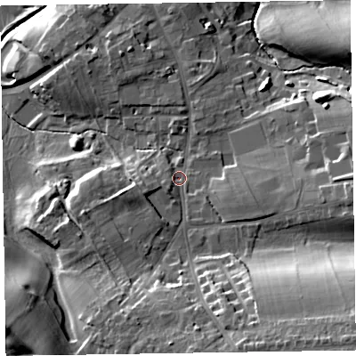 Shaded relief map of the ground around CA79PZ, computed from Environment Agency LiDAR. The ground here sits at about 33 m above sea level and falls 30 m across the surrounding 800 m. Surface water reaching this point runs off ground lying to the south, 11.1 m higher.