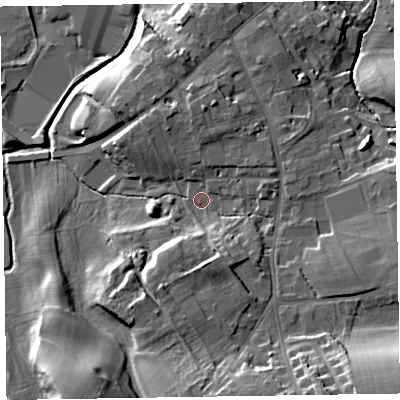 Shaded relief map of the ground around CA79QA, computed from Environment Agency LiDAR. The ground here sits at about 31 m above sea level and falls 26 m across the surrounding 800 m. Surface water reaching this point runs off ground lying to the south-east, 16.2 m higher.