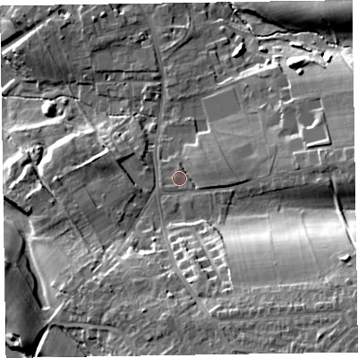 Shaded relief map of the ground around CA79QD, computed from Environment Agency LiDAR. The ground here sits at about 35 m above sea level and falls 28 m across the surrounding 800 m. Surface water reaching this point runs off ground lying to the south-east, 18.9 m higher.