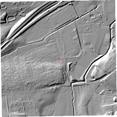 Shaded relief map of the ground around CA79RA, computed from Environment Agency LiDAR. The ground here sits at about 25 m above sea level and falls 17 m across the surrounding 800 m. Surface water reaching this point runs off ground lying to the south-south-west, 7.2 m higher.