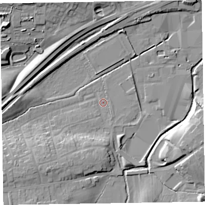 Shaded relief map of the ground around CA79RD, computed from Environment Agency LiDAR. The ground here sits at about 24 m above sea level and falls 17 m across the surrounding 800 m. Surface water reaching this point runs off ground lying to the south-south-west, 8.1 m higher.