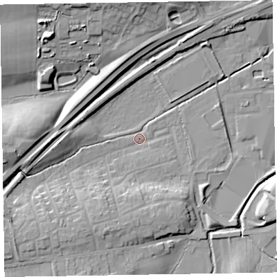 Shaded relief map of the ground around CA79RE, computed from Environment Agency LiDAR. The ground here sits at about 24 m above sea level and falls 16 m across the surrounding 800 m. Surface water reaching this point runs off ground lying to the south-south-west, 10.5 m higher.