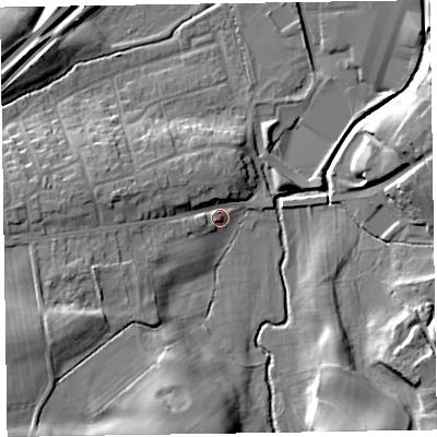 Shaded relief map of the ground around CA79RG, computed from Environment Agency LiDAR. The ground here sits at about 29 m above sea level and falls 19 m across the surrounding 800 m. Surface water reaching this point runs off ground lying to the west-north-west, 6.2 m higher.
