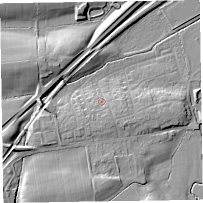 Shaded relief map of the ground around CA79RR, computed from Environment Agency LiDAR. The ground here sits at about 30 m above sea level and falls 14 m across the surrounding 800 m. Surface water reaching this point runs off ground lying to the south-west, 5.1 m higher.