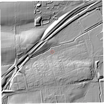 Shaded relief map of the ground around CA79RS, computed from Environment Agency LiDAR. The ground here sits at about 25 m above sea level and falls 15 m across the surrounding 800 m. Surface water reaching this point runs off ground lying to the south-south-west, 8.9 m higher.