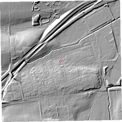 Shaded relief map of the ground around CA79RT, computed from Environment Agency LiDAR. The ground here sits at about 25 m above sea level and falls 16 m across the surrounding 800 m. Surface water reaching this point runs off ground lying to the south, 7.8 m higher.