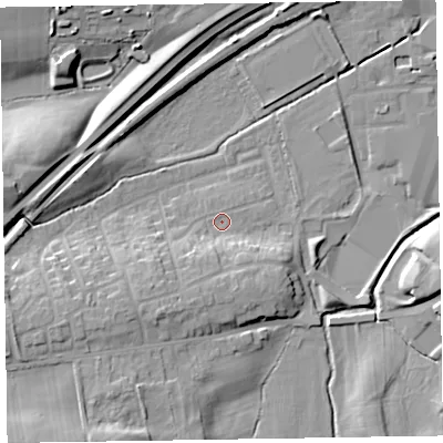 Shaded relief map of the ground around CA79RU, computed from Environment Agency LiDAR. The ground here sits at about 25 m above sea level and falls 15 m across the surrounding 800 m. Surface water reaching this point runs off ground lying to the south-south-west, 7.4 m higher.