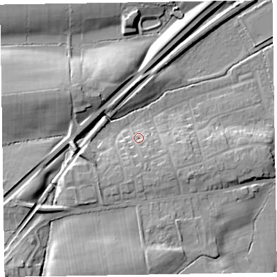 Shaded relief map of the ground around CA79SA, computed from Environment Agency LiDAR. The ground here sits at about 28 m above sea level and falls 15 m across the surrounding 800 m. Surface water reaching this point runs off ground lying to the south, 5.5 m higher.