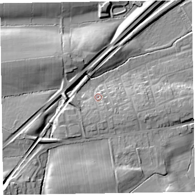 Shaded relief map of the ground around CA79SB, computed from Environment Agency LiDAR. The ground here sits at about 29 m above sea level and falls 16 m across the surrounding 800 m. Surface water reaching this point runs off ground lying to the south-south-east, 5.3 m higher.