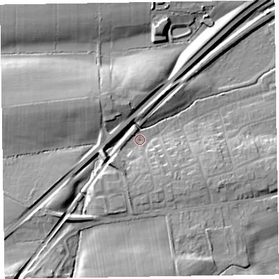 Shaded relief map of the ground around CA79SD, computed from Environment Agency LiDAR. The ground here sits at about 27 m above sea level and falls 16 m across the surrounding 800 m. Surface water reaching this point runs off ground lying to the south-west, 12.0 m higher.