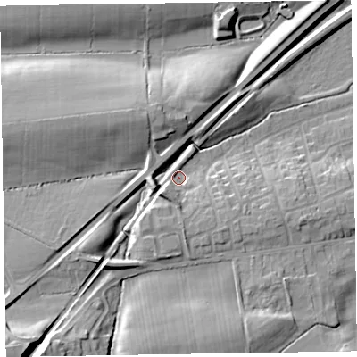 Shaded relief map of the ground around CA79SE, computed from Environment Agency LiDAR. The ground here sits at about 28 m above sea level and falls 17 m across the surrounding 800 m. Surface water reaching this point runs off ground lying to the south-west, 13.0 m higher.