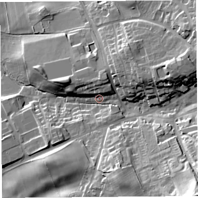 Shaded relief map of the ground around CA81AL, computed from Environment Agency LiDAR. The ground here sits at about 65 m above sea level and falls 46 m across the surrounding 800 m. Surface water reaching this point runs off ground lying to the south-east, 39.1 m higher.