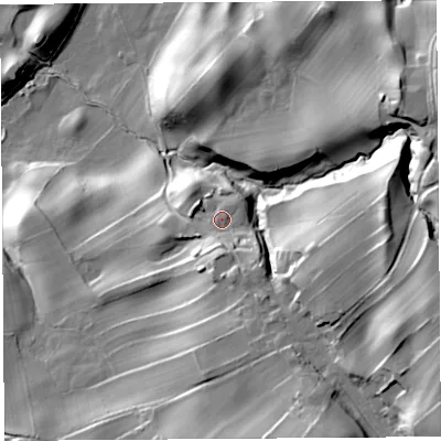 Shaded relief map of the ground around CA81AQ, computed from Environment Agency LiDAR. The ground here sits at about 148 m above sea level and falls 57 m across the surrounding 800 m. Surface water reaching this point runs off ground lying to the south-south-east, 12.6 m higher.
