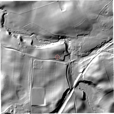 Shaded relief map of the ground around CA81HS, computed from Environment Agency LiDAR. The ground here sits at about 130 m above sea level and falls 34 m across the surrounding 800 m. Surface water reaching this point runs off ground lying to the south-west, 8.6 m higher.