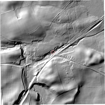 Shaded relief map of the ground around CA81HX, computed from Environment Agency LiDAR. The ground here sits at about 130 m above sea level and falls 29 m across the surrounding 800 m. Surface water reaching this point runs off ground lying to the north-east, 12.2 m higher.