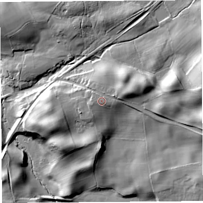Shaded relief map of the ground around CA81JF, computed from Environment Agency LiDAR. The ground here sits at about 142 m above sea level and falls 28 m across the surrounding 800 m. The ground contributing surface water to this point lies to the west.
