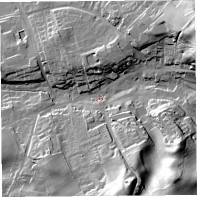 Shaded relief map of the ground around CA81ND, computed from Environment Agency LiDAR. The ground here sits at about 67 m above sea level and falls 47 m across the surrounding 800 m. Surface water reaching this point runs off ground lying to the north-east, 42.6 m higher.