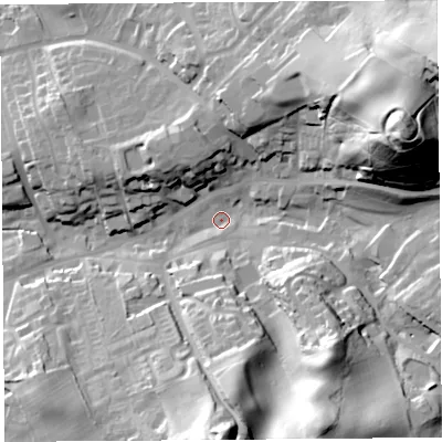 Shaded relief map of the ground around CA81NE, computed from Environment Agency LiDAR. The ground here sits at about 69 m above sea level and falls 60 m across the surrounding 800 m. Surface water reaching this point runs off ground lying to the east-north-east, 54.5 m higher.
