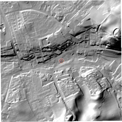 Shaded relief map of the ground around CA81NF, computed from Environment Agency LiDAR. The ground here sits at about 69 m above sea level and falls 61 m across the surrounding 800 m. Surface water reaching this point runs off ground lying to the east-north-east, 55.1 m higher.