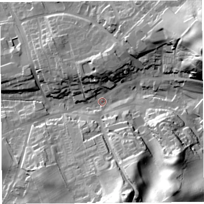 Shaded relief map of the ground around CA81NP, computed from Environment Agency LiDAR. The ground here sits at about 68 m above sea level and falls 53 m across the surrounding 800 m. Surface water reaching this point runs off ground lying to the east-north-east, 47.8 m higher.