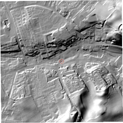 Shaded relief map of the ground around CA81NR, computed from Environment Agency LiDAR. The ground here sits at about 68 m above sea level and falls 59 m across the surrounding 800 m. Surface water reaching this point runs off ground lying to the east-north-east, 54.2 m higher.
