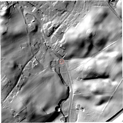 Shaded relief map of the ground around CA81QX, computed from Environment Agency LiDAR. The ground here sits at about 88 m above sea level and falls 63 m across the surrounding 800 m. Surface water reaching this point runs off ground lying to the east-south-east, 46.4 m higher.