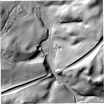 Shaded relief map of the ground around CA81QY, computed from Environment Agency LiDAR. The ground here sits at about 98 m above sea level and falls 59 m across the surrounding 800 m. Surface water reaching this point runs off ground lying to the east-south-east, 28.0 m higher.