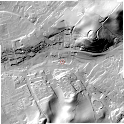 Shaded relief map of the ground around CA81RN, computed from Environment Agency LiDAR. The ground here sits at about 71 m above sea level and falls 58 m across the surrounding 800 m. Surface water reaching this point runs off ground lying to the north-east, 52.6 m higher.