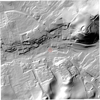 Shaded relief map of the ground around CA81RP, computed from Environment Agency LiDAR. The ground here sits at about 69 m above sea level and falls 59 m across the surrounding 800 m. Surface water reaching this point runs off ground lying to the east-north-east, 54.3 m higher.
