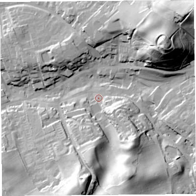 Shaded relief map of the ground around CA81RW, computed from Environment Agency LiDAR. The ground here sits at about 73 m above sea level and falls 59 m across the surrounding 800 m. Surface water reaching this point runs off ground lying to the south-south-west, 34.8 m higher.