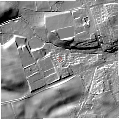 Shaded relief map of the ground around CA81RZ, computed from Environment Agency LiDAR. The ground here sits at about 66 m above sea level and falls 33 m across the surrounding 800 m. Surface water reaching this point runs off ground lying to the south-south-east, 7.9 m higher.
