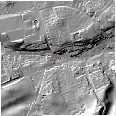 Shaded relief map of the ground around CA81SJ, computed from Environment Agency LiDAR. The ground here sits at about 65 m above sea level and falls 47 m across the surrounding 800 m. Surface water reaching this point runs off ground lying to the south-south-east, 41.1 m higher.