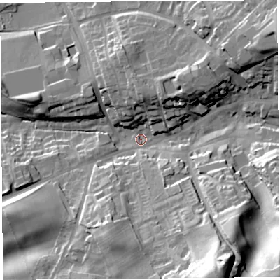 Shaded relief map of the ground around CA81SN, computed from Environment Agency LiDAR. The ground here sits at about 66 m above sea level and falls 47 m across the surrounding 800 m. Surface water reaching this point runs off ground lying to the south-south-east, 40.8 m higher.