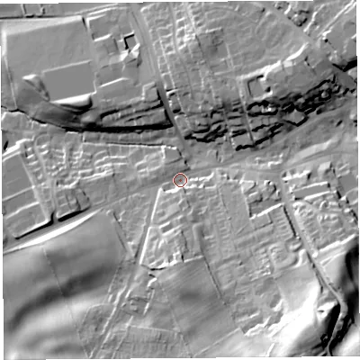 Shaded relief map of the ground around CA81SR, computed from Environment Agency LiDAR. The ground here sits at about 67 m above sea level and falls 48 m across the surrounding 800 m. Surface water reaching this point runs off ground lying to the south, 18.6 m higher.