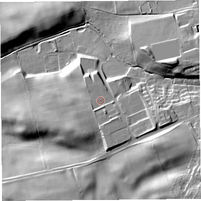 Shaded relief map of the ground around CA81SW, computed from Environment Agency LiDAR. The ground here sits at about 66 m above sea level and falls 28 m across the surrounding 800 m. Surface water reaching this point runs off ground lying to the south-south-west, 2.2 m higher.