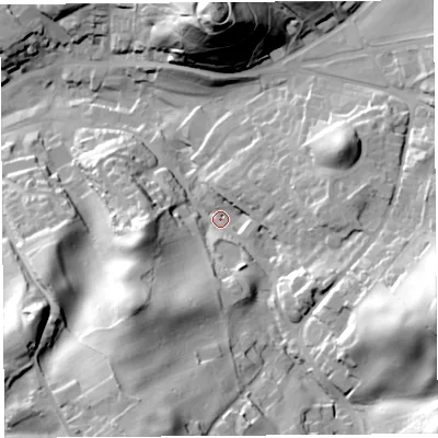 Shaded relief map of the ground around CA81TR, computed from Environment Agency LiDAR. The ground here sits at about 80 m above sea level and falls 55 m across the surrounding 800 m. Surface water reaching this point runs off ground lying to the east-south-east, 41.6 m higher.