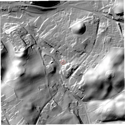 Shaded relief map of the ground around CA81TS, computed from Environment Agency LiDAR. The ground here sits at about 84 m above sea level and falls 53 m across the surrounding 800 m. Surface water reaching this point runs off ground lying to the south-east, 41.4 m higher.