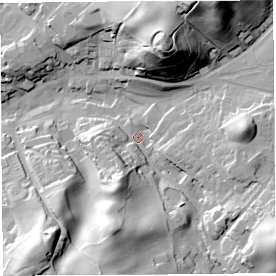 Shaded relief map of the ground around CA81TW, computed from Environment Agency LiDAR. The ground here sits at about 77 m above sea level and falls 56 m across the surrounding 800 m. Surface water reaching this point runs off ground lying to the south-east, 37.3 m higher.