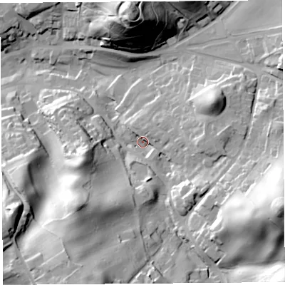 Shaded relief map of the ground around CA81UP, computed from Environment Agency LiDAR. The ground here sits at about 79 m above sea level and falls 55 m across the surrounding 800 m. Surface water reaching this point runs off ground lying to the east-south-east, 44.5 m higher.
